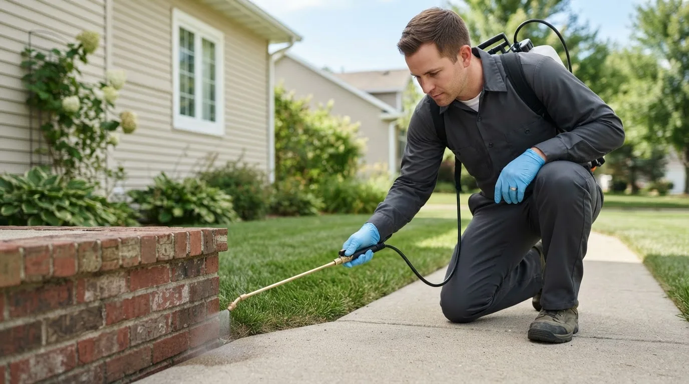 Pest control technician treating a home near Belton, MO